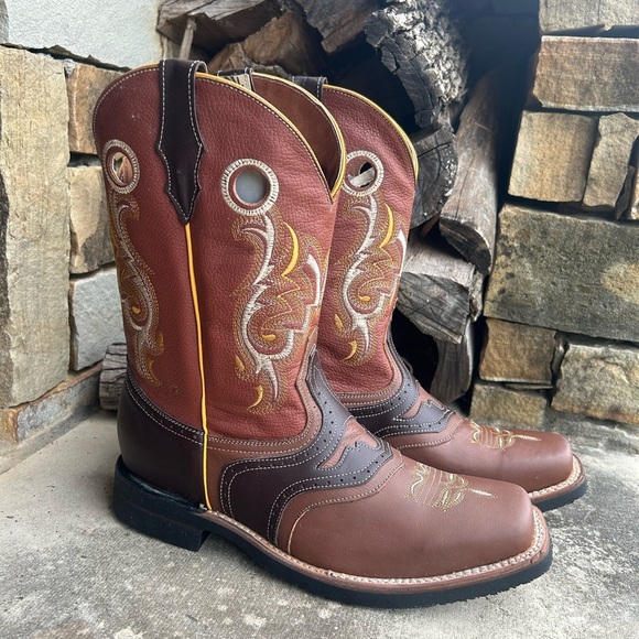 Mens Western 2 tone Brown Cowboy leather Boots w/square toeSz-30 (US 11.5) locBB - Picture 2 of 12